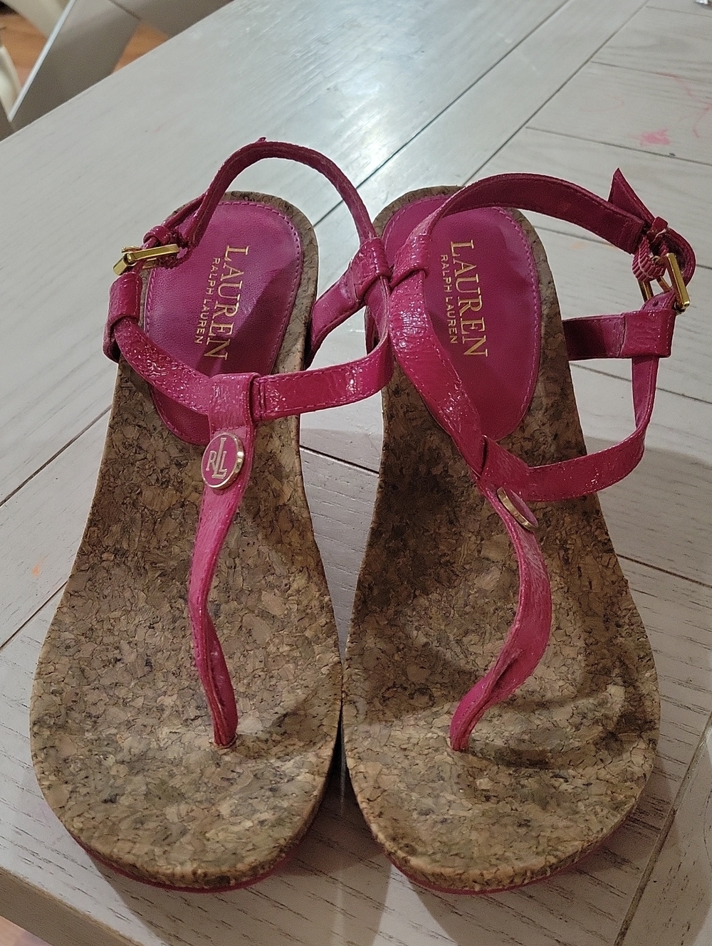 Lauren Ralph Lauren Fuchsia Patent Cork Wedge Thong Sandals